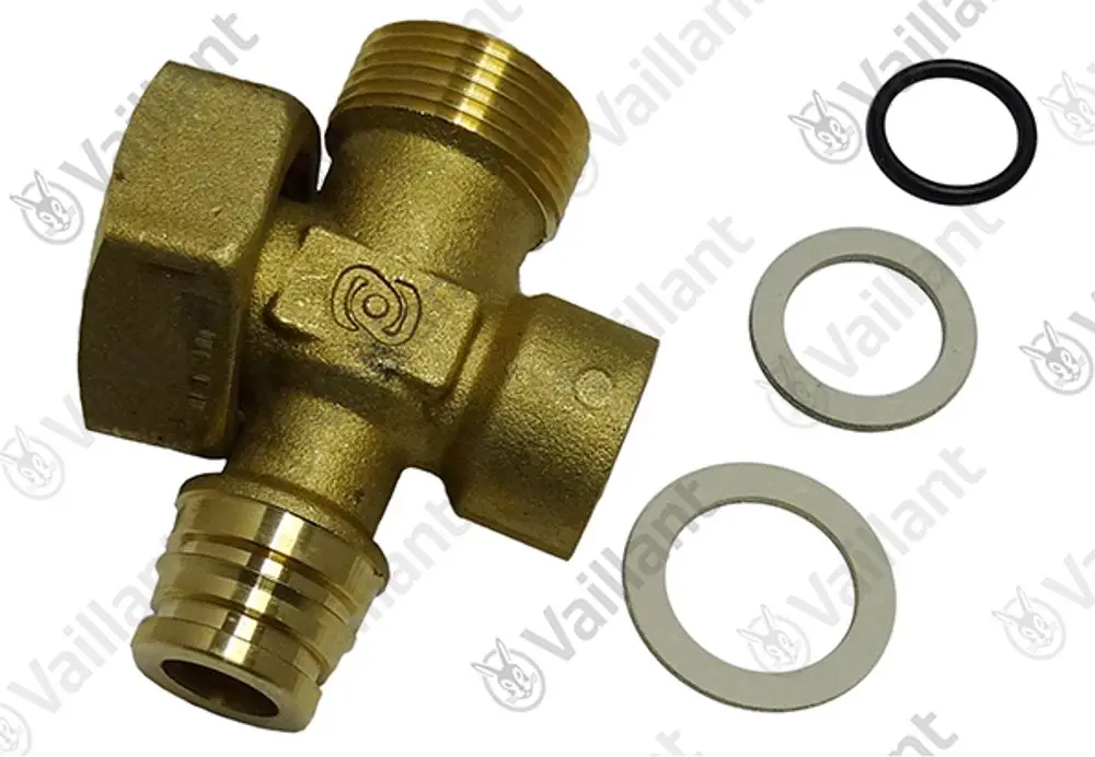 Vaillant T-Stück aus Messing mit drei Anschlüssen, einschließlich Dichtungen und O-Ring. Ideal für Heizungs- und Rohrleitungsinstallationen.